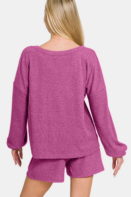 Zenana V-Neck Long Sleeve Ribbed Top and Shorts Set - Classique Collection