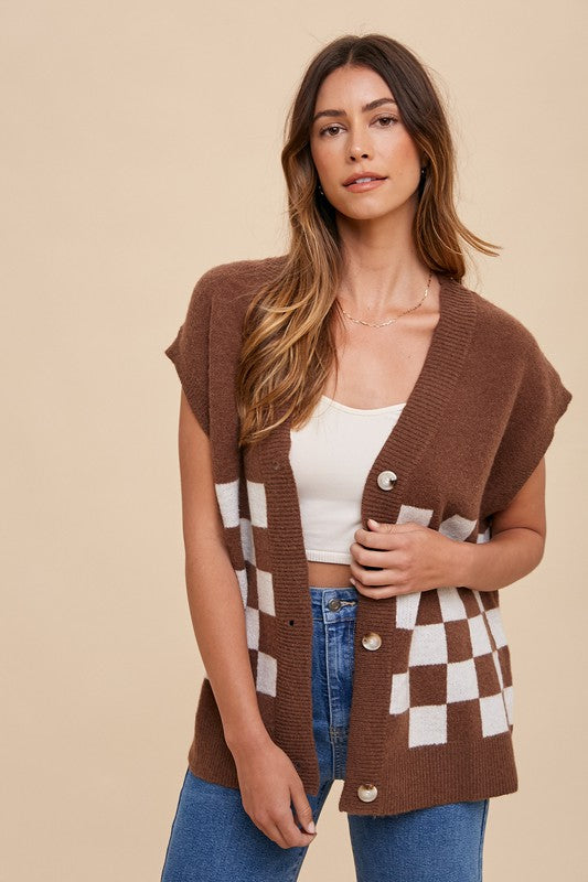 Annie Wear Checkered Button Down Short Sleeve Cardigan - ClassiQ