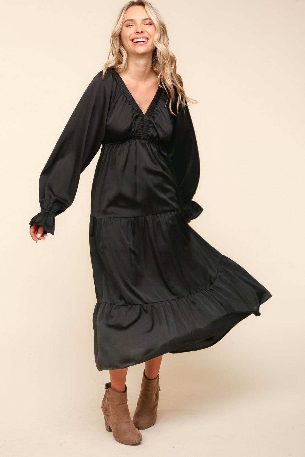 Haptics Flounce Sleeve Tiered Midi Dress with Pockets - Classique Collection