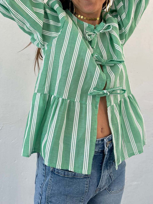 Tied Round Neck Balloon Sleeve Shirt - Classique Collection