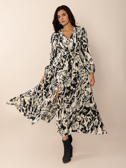 Tied Printed V-Neck Long Sleeve Midi Dress - Classique Collection