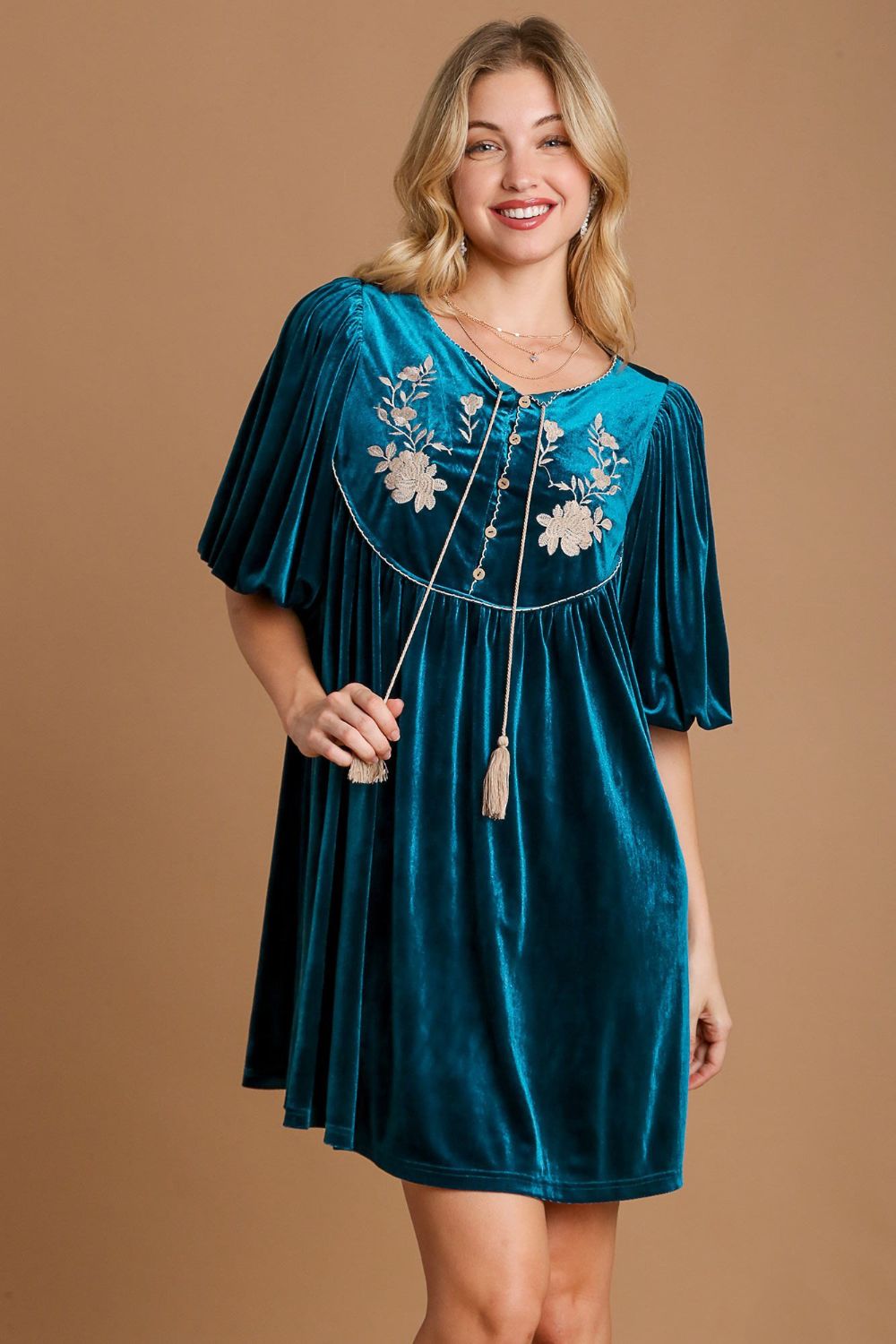 Umgee Embroidered Half Sleeve Velvet Mini Dress with Tassel - Classique Collection