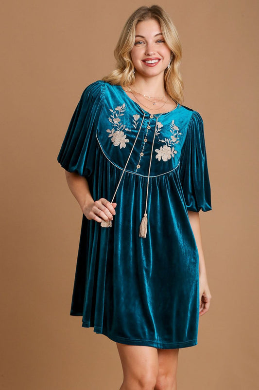 Umgee Embroidered Half Sleeve Velvet Mini Dress with Tassel - Classique Collection