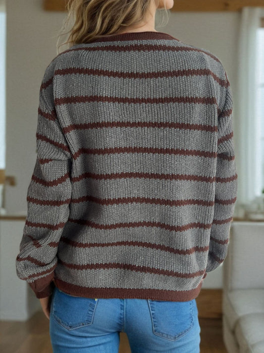 Striped Round Neck Long Sleeve Cardigan - ClassiQ