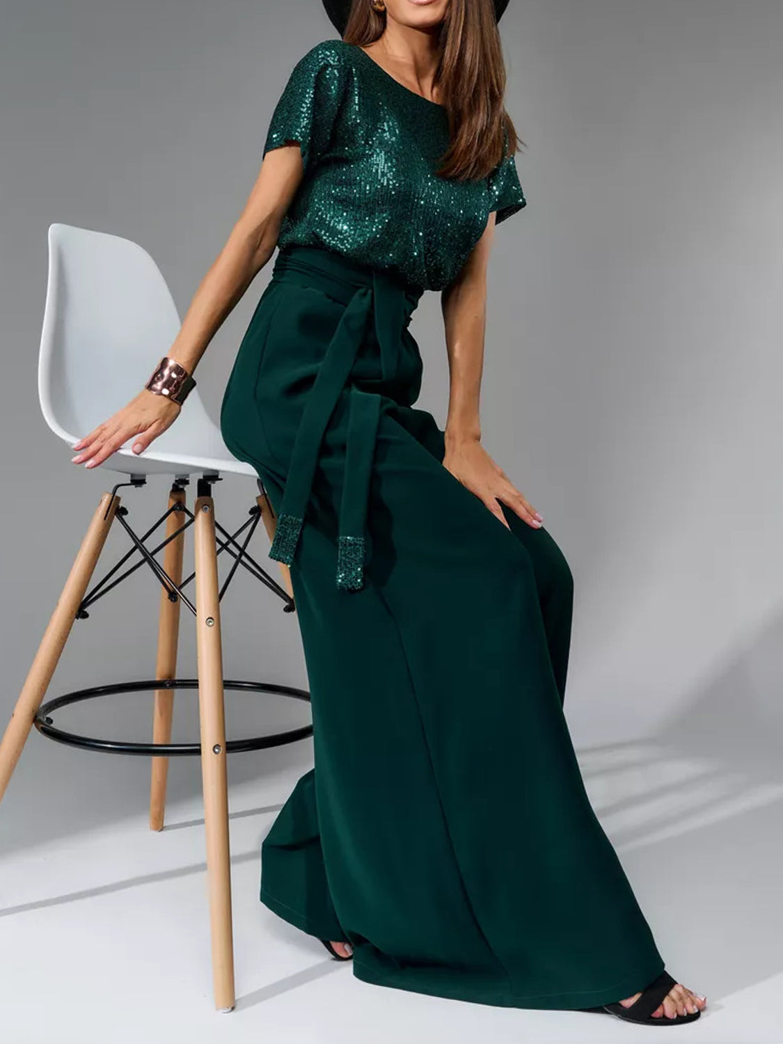 Full Size Sequin Round Neck Short Sleeve Wide Leg Jumpsuit - ClassiQ