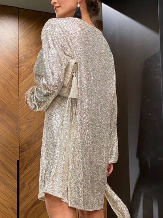 Sequin Tie Waist Long Sleeve Mini Dress - Classique Collection