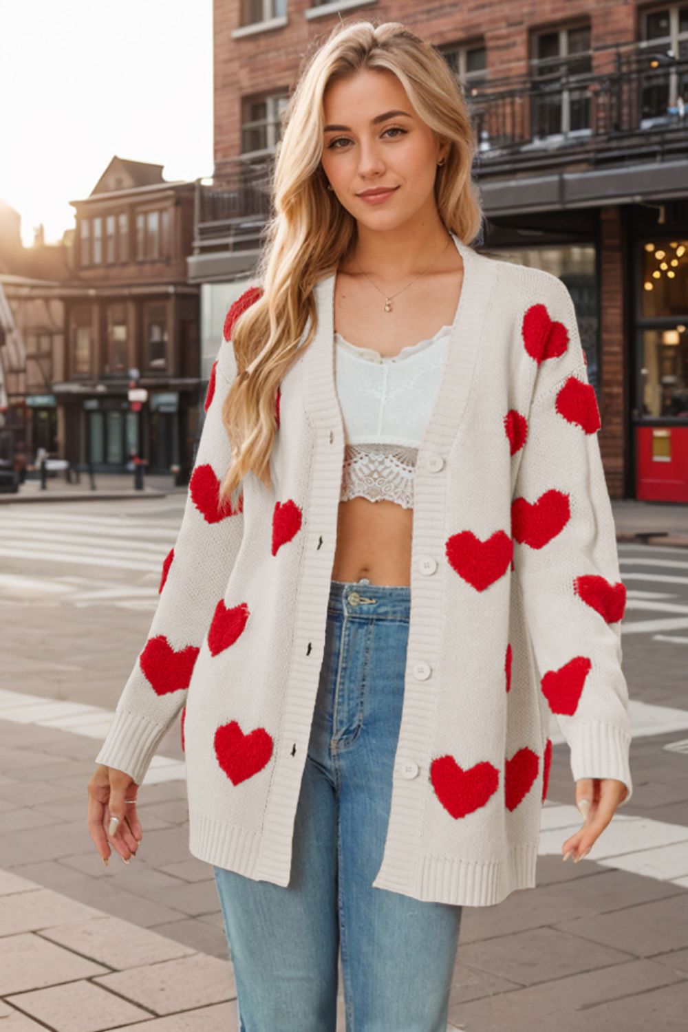Heart Button Down Long Sleeve Cardigan - ClassiQ