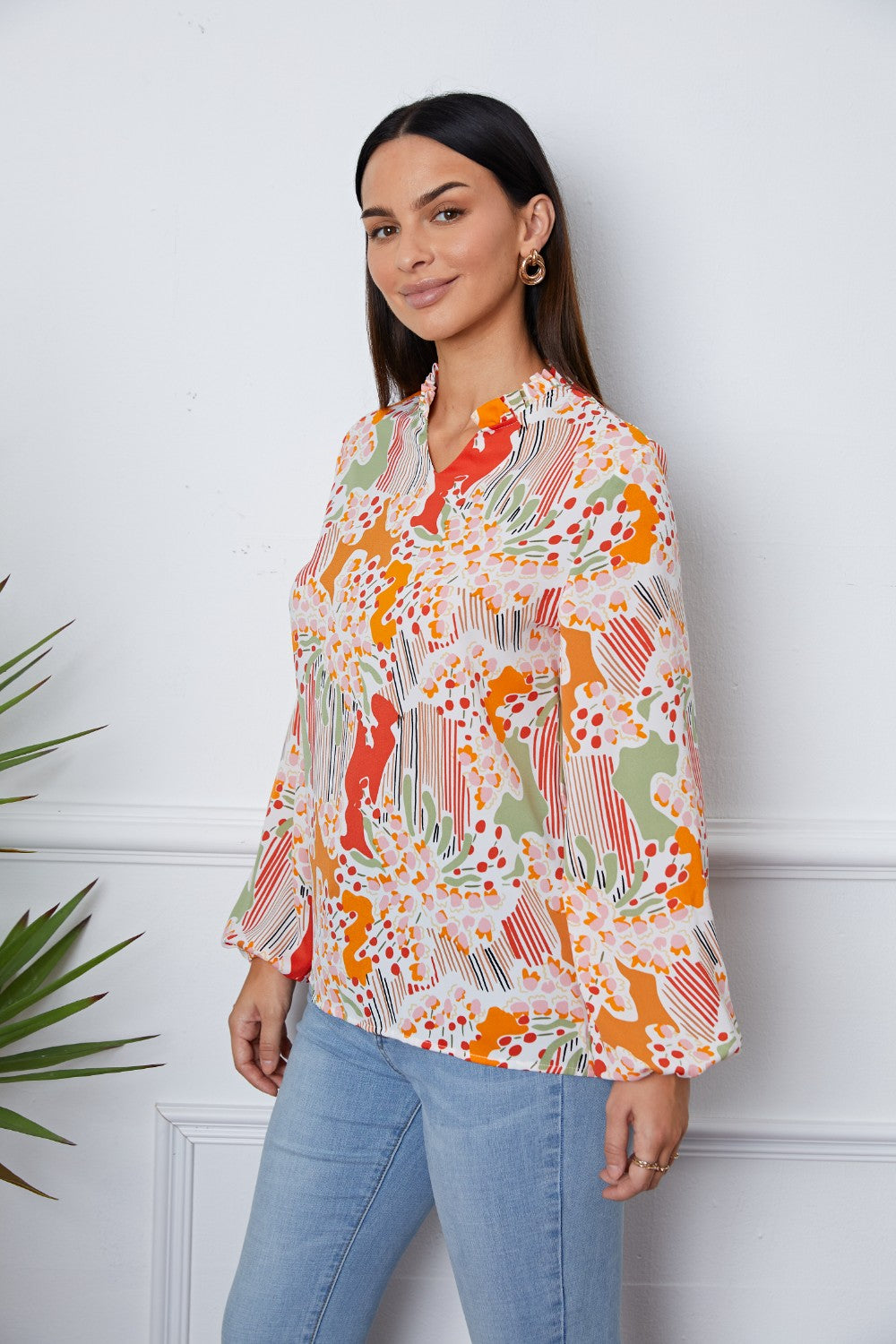 Floral Frill Notched Long Sleeve Blouse - Classique Collection