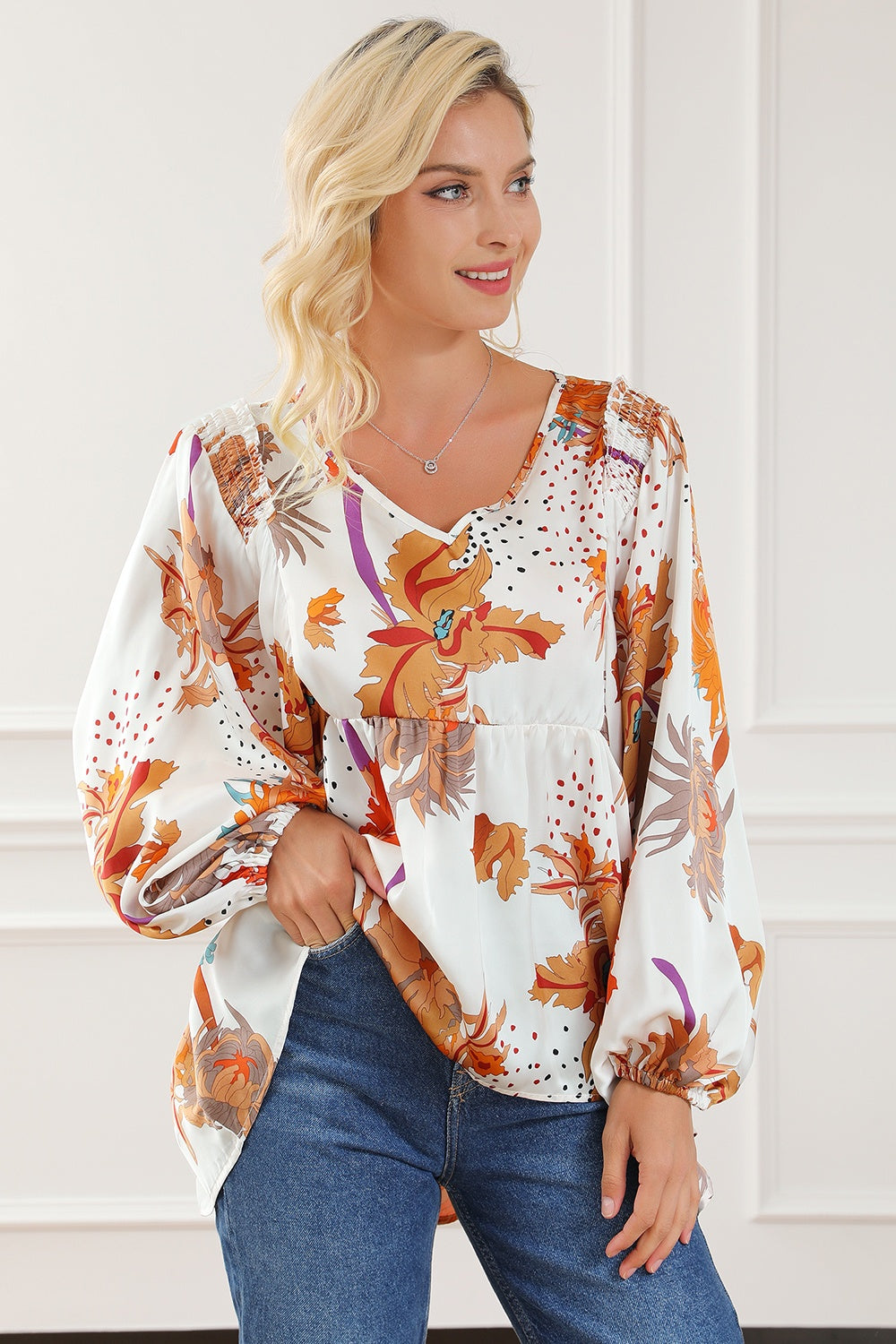 Printed V-Neck Smocked Balloon Sleeve Blouse - Classique Collection
