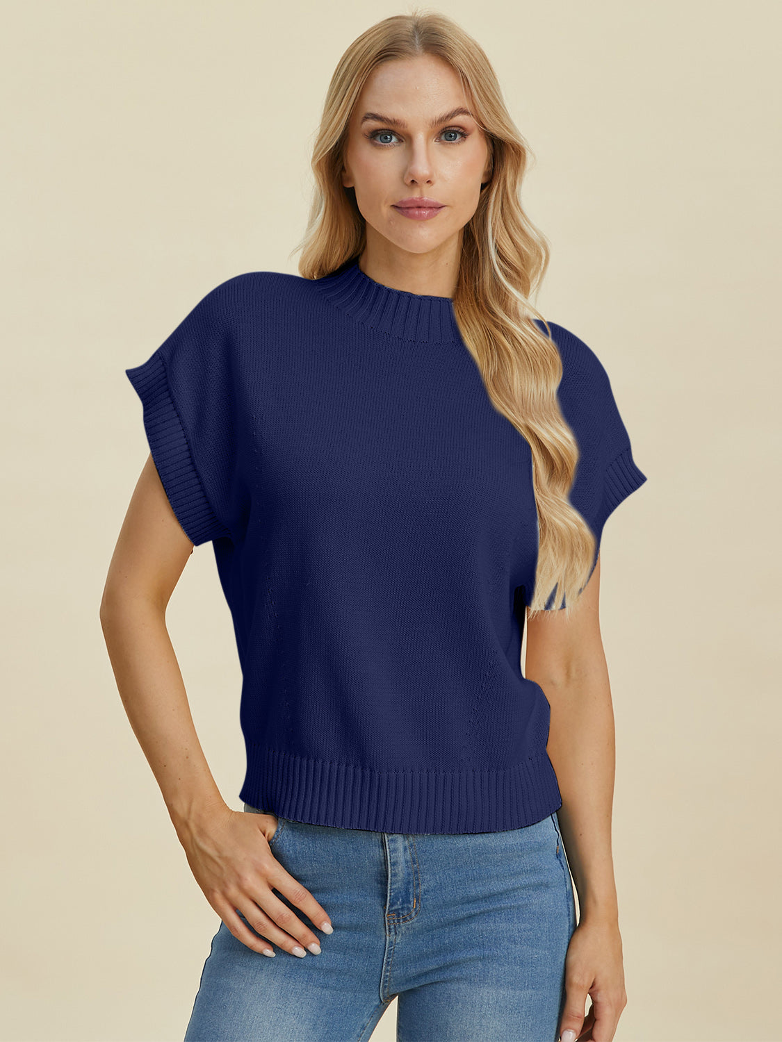 Double Take Full Size Mock Neck Short Sleeve Sweater - ClassiQ