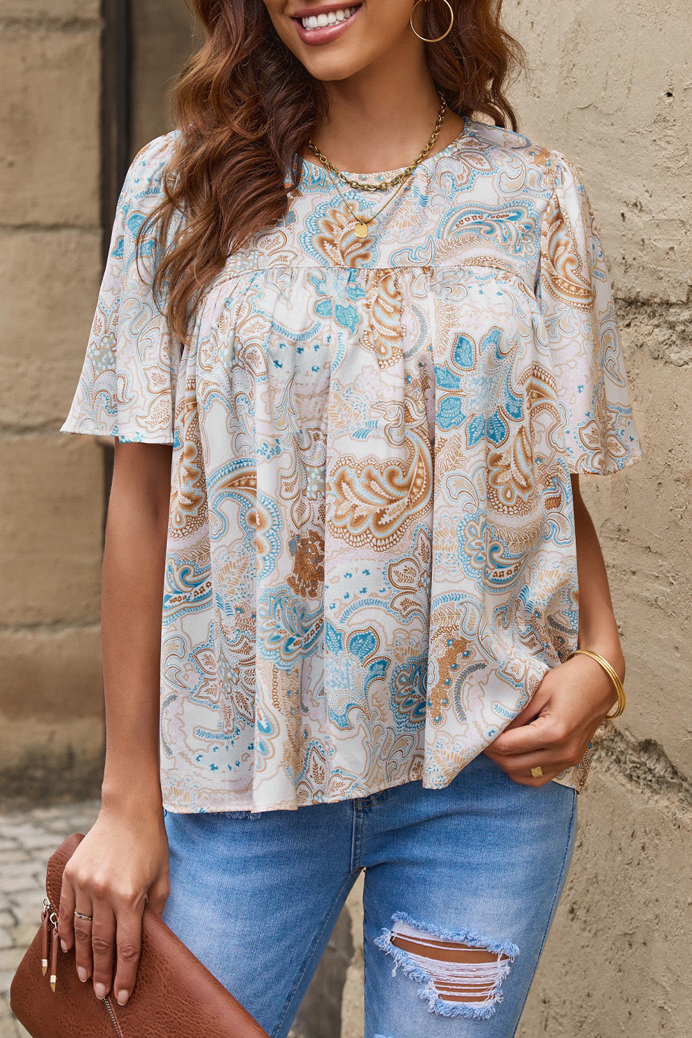 Printed Round Neck Short Sleeve Blouse - Classique Collection