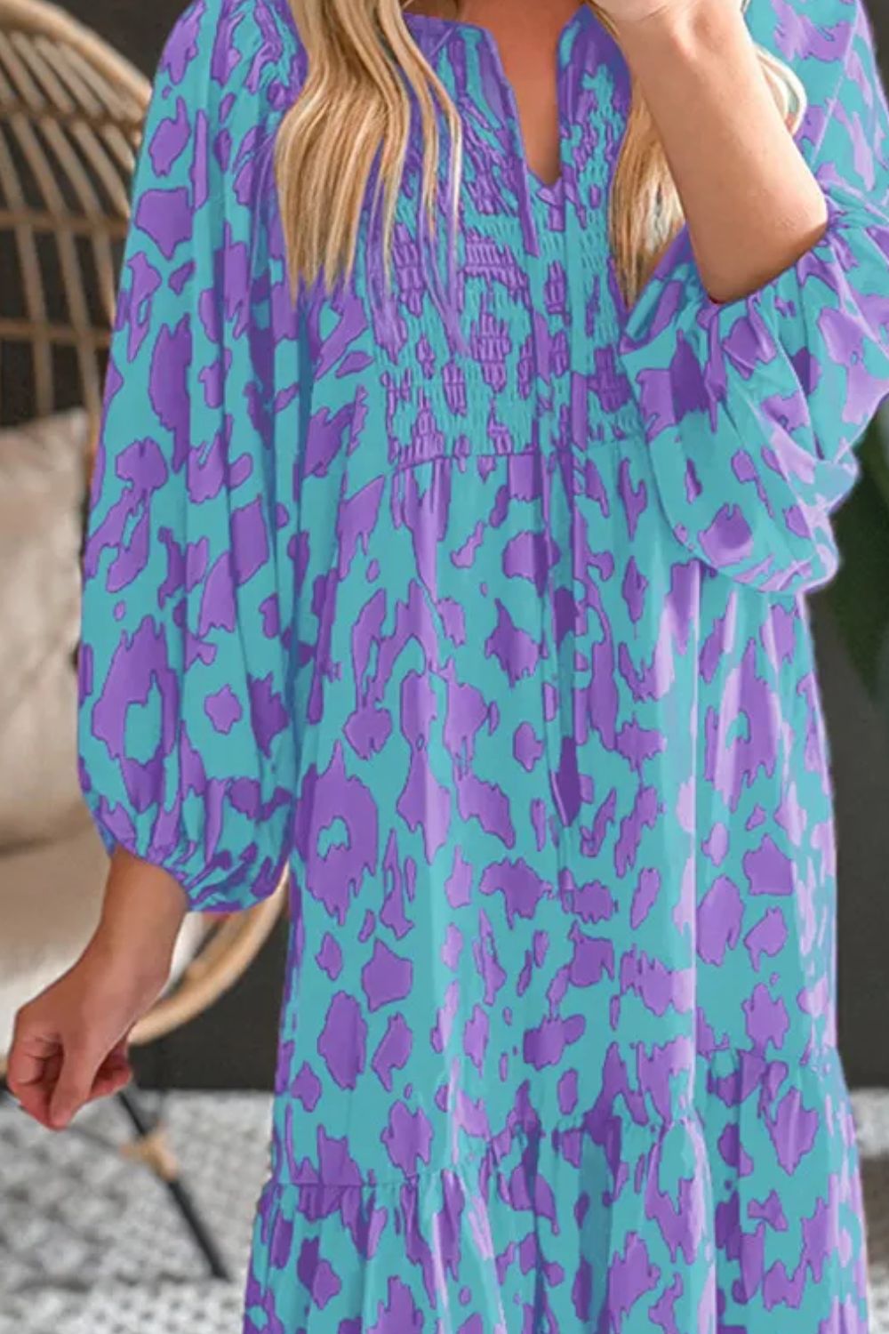 Smocked Printed Tie Neck Long Sleeve Dress - Classique Collection