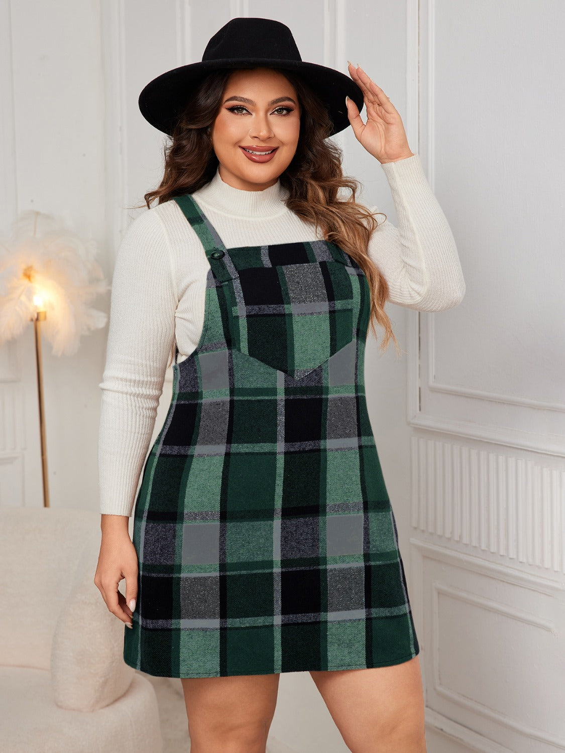 Honey Plus Size Plaid Wide Strap Overall Dress - Classique Collection