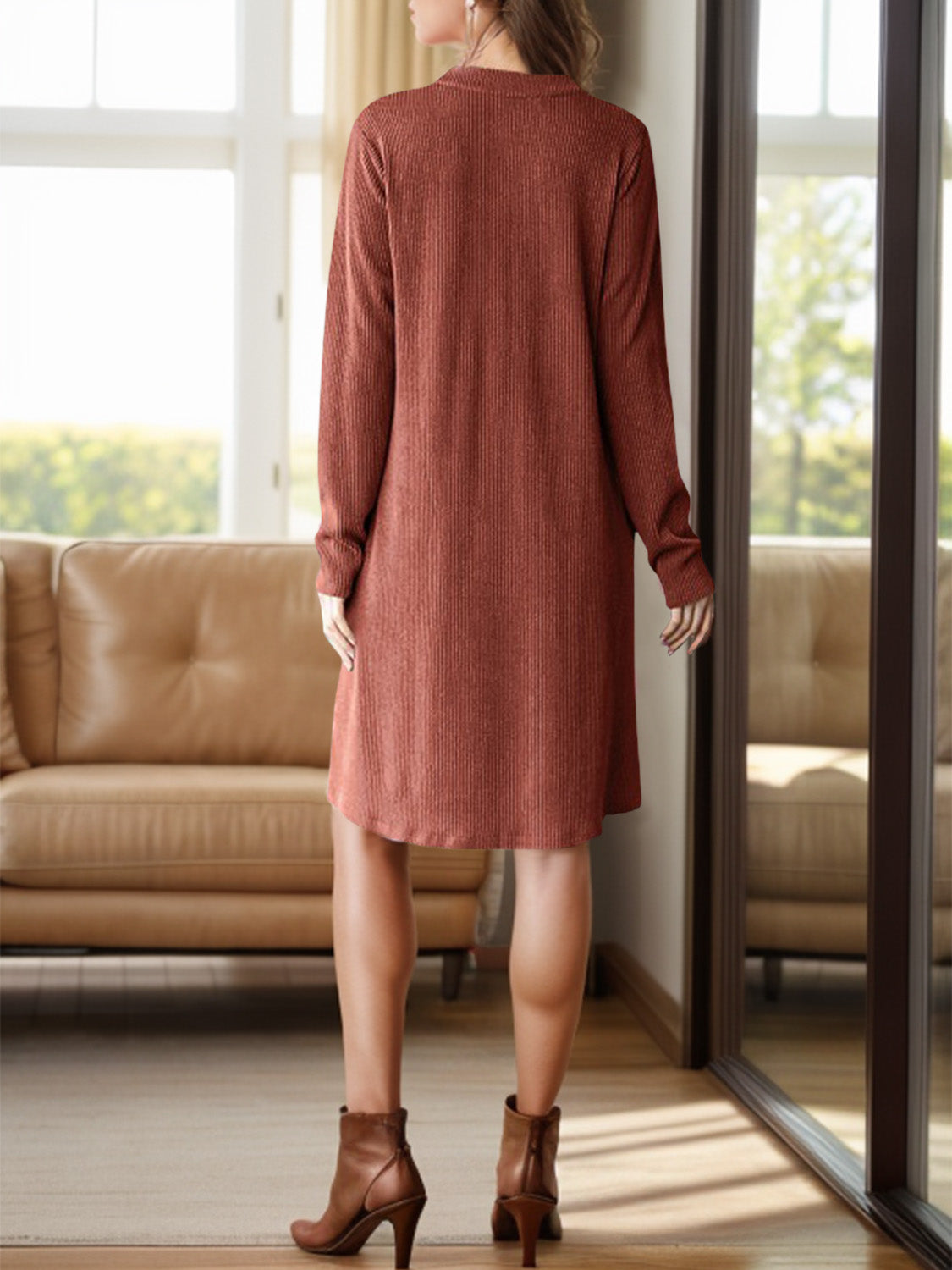Notched Long Sleeve Mini Dress with Pockets - Classique Collection