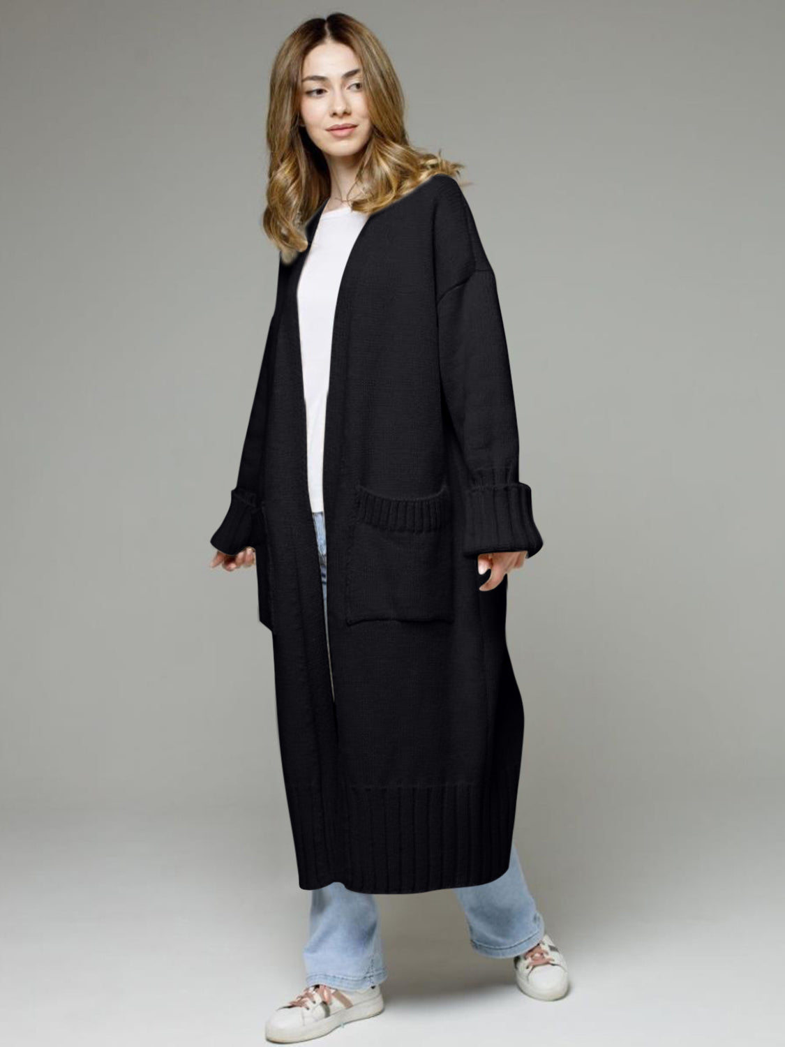 Pocketed Open Front Dropped Shoulder Cardigan - Classique Collection