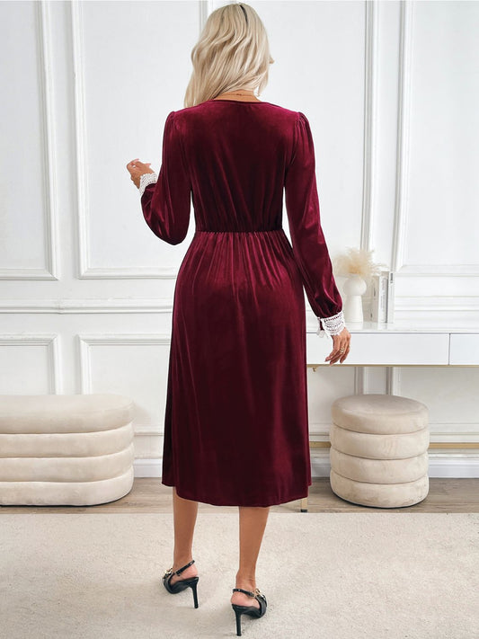 Perfee Lace Detail V-Neck Long Sleeve Midi Dress - Classique Collection