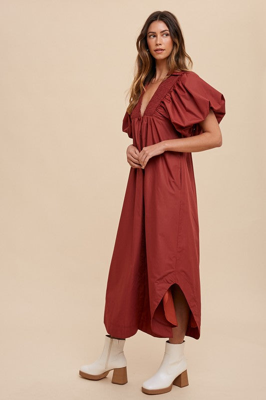 Annie Wear Smocked Puff Sleeve Midi Dress - ClassiQ