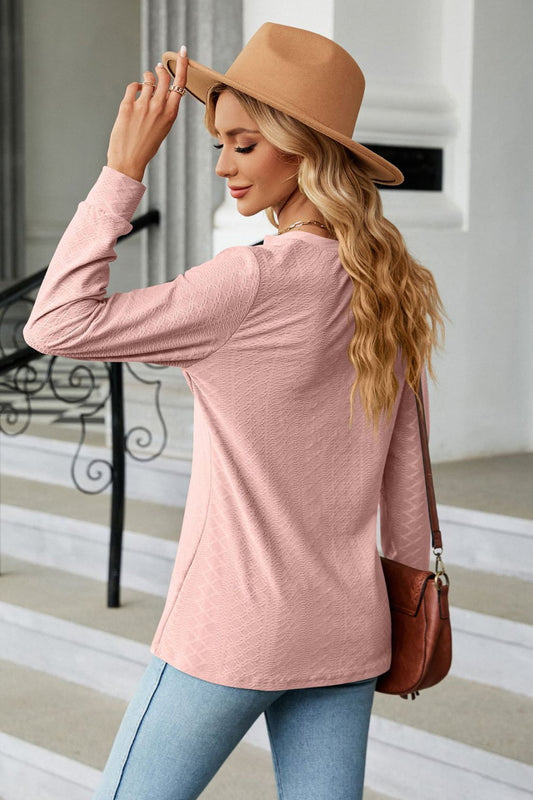 Notched Neck Long Sleeve Buttoned Blouse - Classique Collection