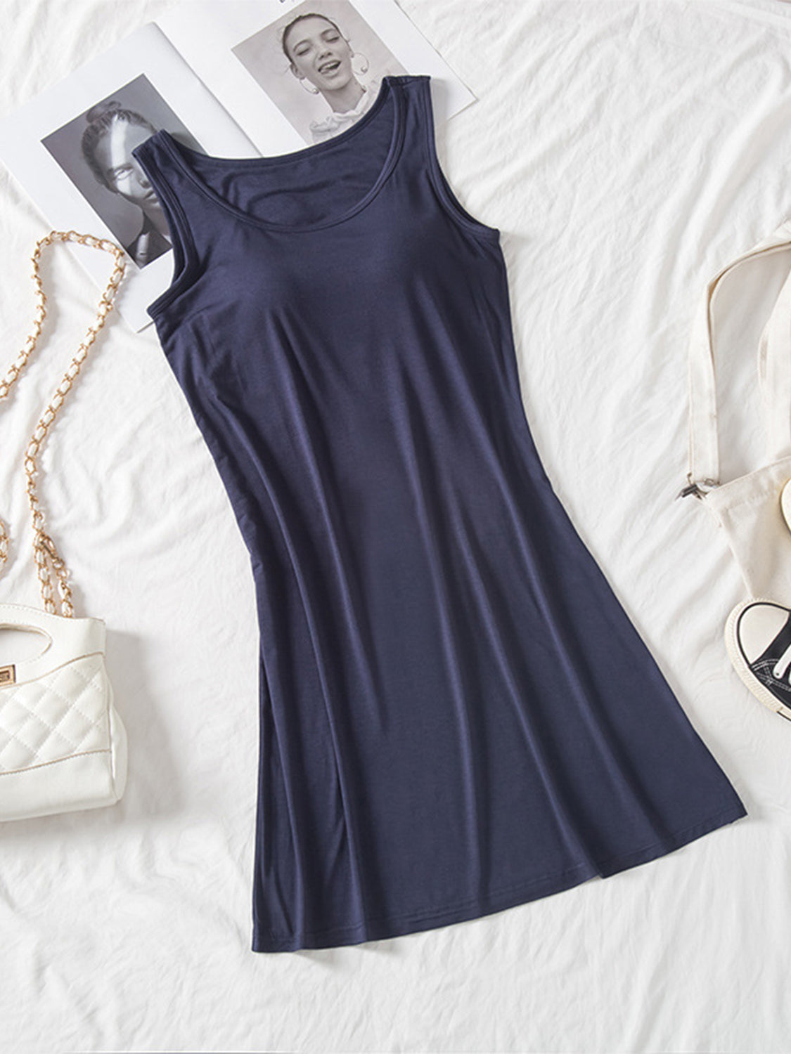 Round Neck Wide Strap Mini Tank Dress with Bra - Classique Collection