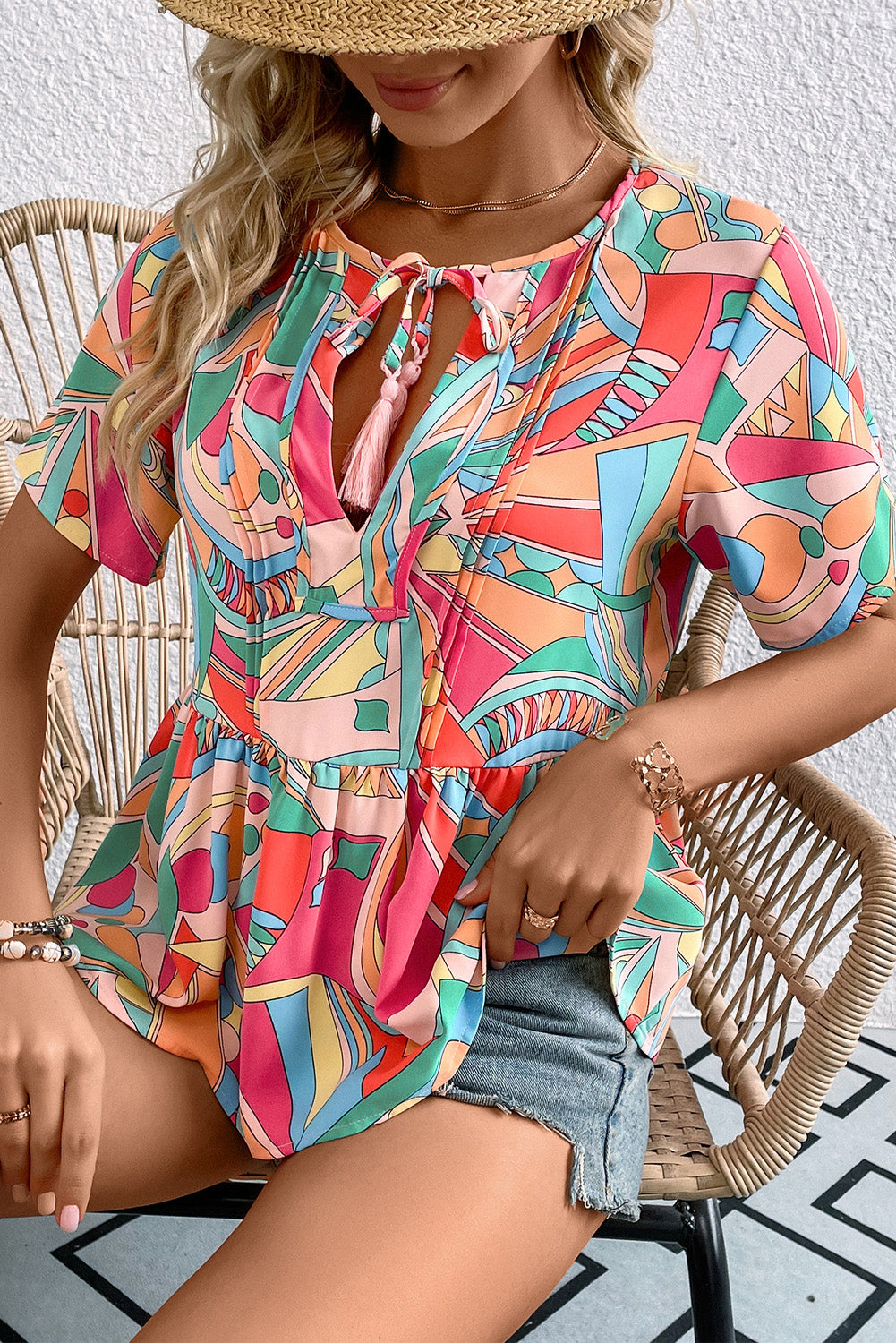 Printed Tie Neck Short Sleeve Blouse - Classique Collection