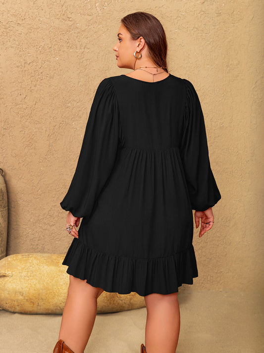 Plus Size Embroidered Tie Neck Long Sleeve Mini Dress - Classique Collection