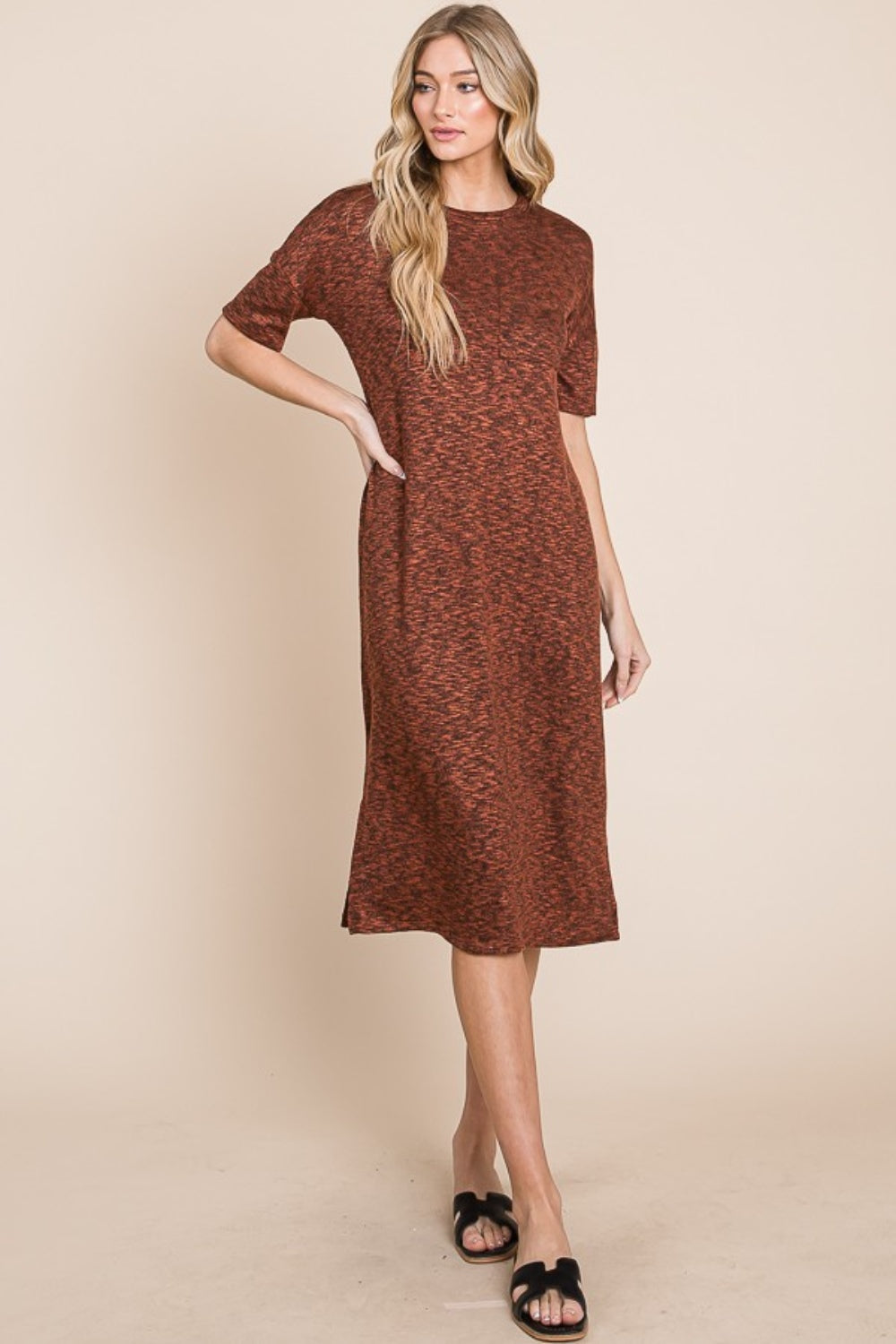 BOMBOM Round Neck Side Slit Midi Dress - Classique Collection
