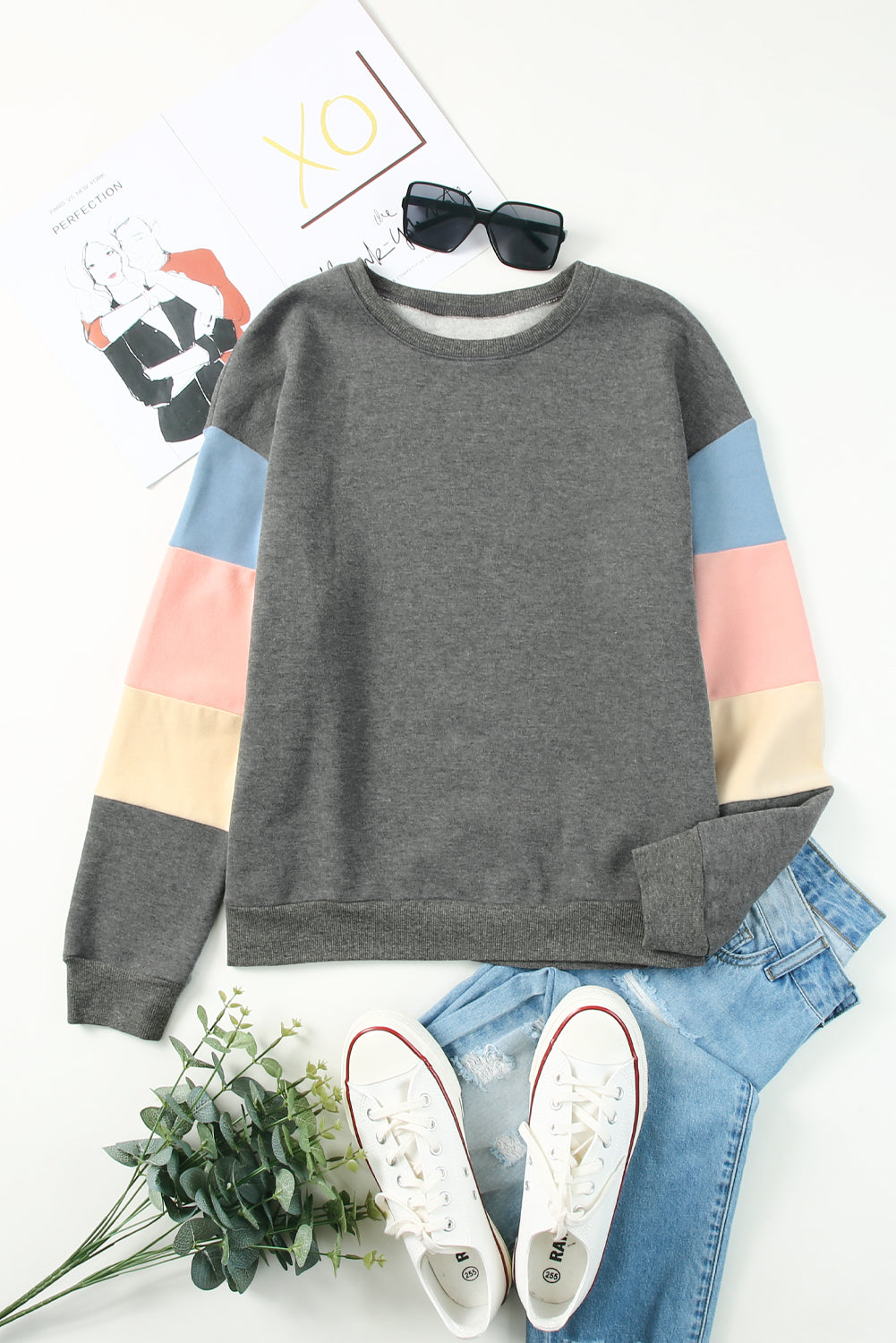 Color Block Round Neck Long Sleeve Sweatshirt - ClassiQ