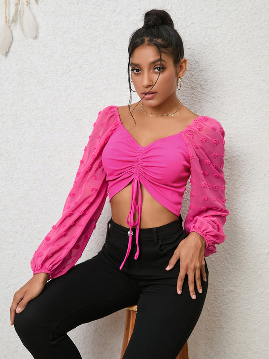 Swiss Dot Drawstring Cropped Blouse - Classique Collection