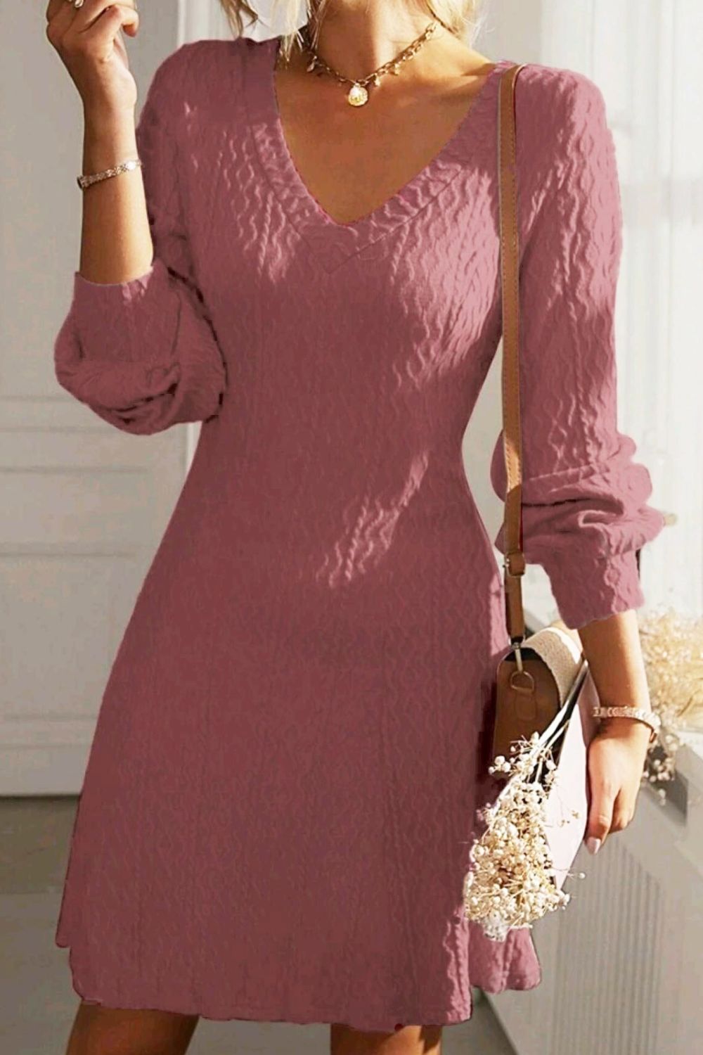 Texture V-Neck Long Sleeve Dress - Classique Collection
