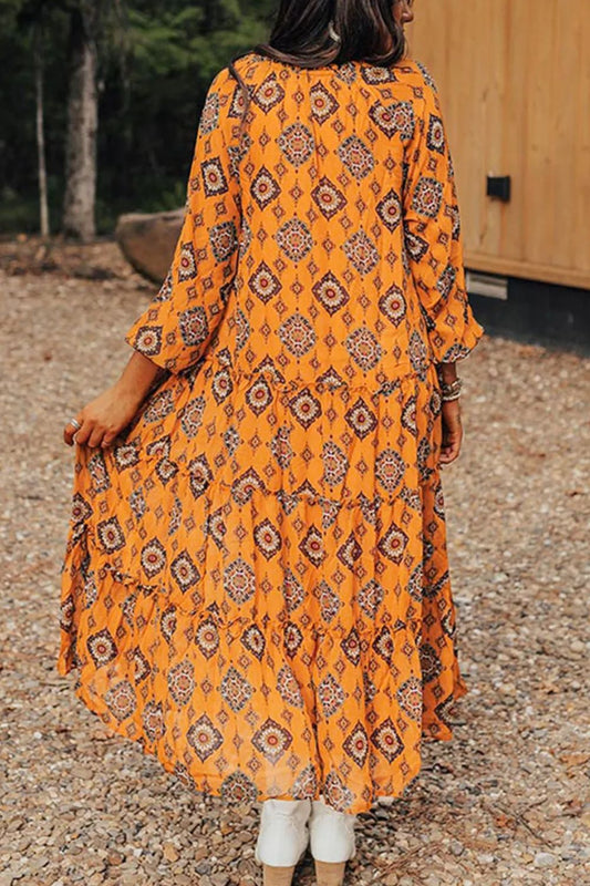 Frill Printed Tie Neck Long Sleeve Dress - Classique Collection