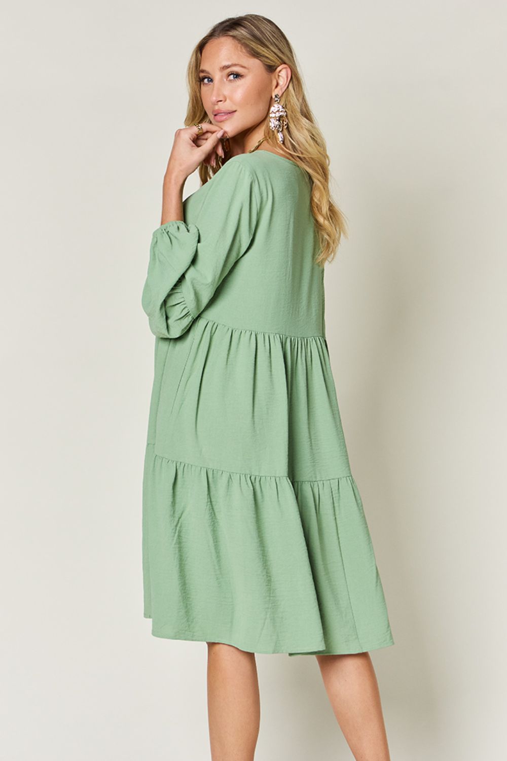 Double Take Full Size V-Neck Balloon Sleeve Tiered Dress with Pockets - Classique Collection