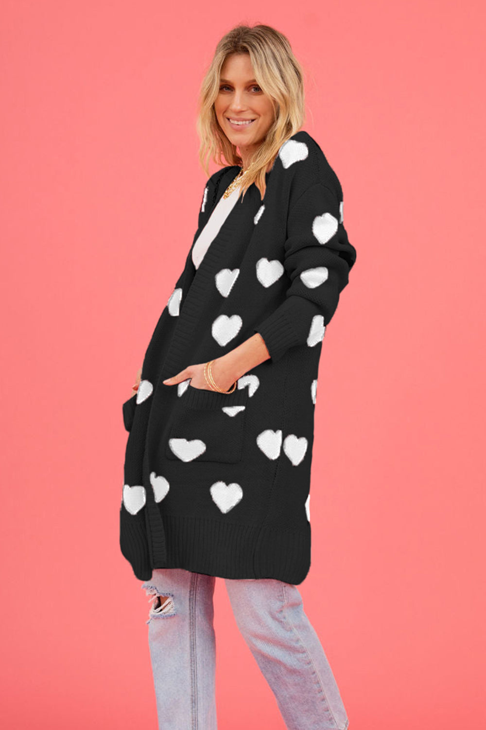Heart Graphic Open Front Cardigan with Pockets - ClassiQ