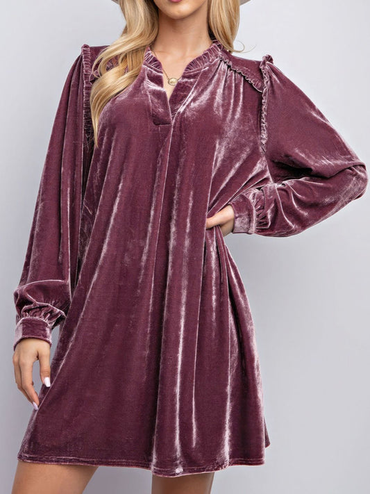 Frill Notched Long Sleeve Dress with Pockets - Classique Collection