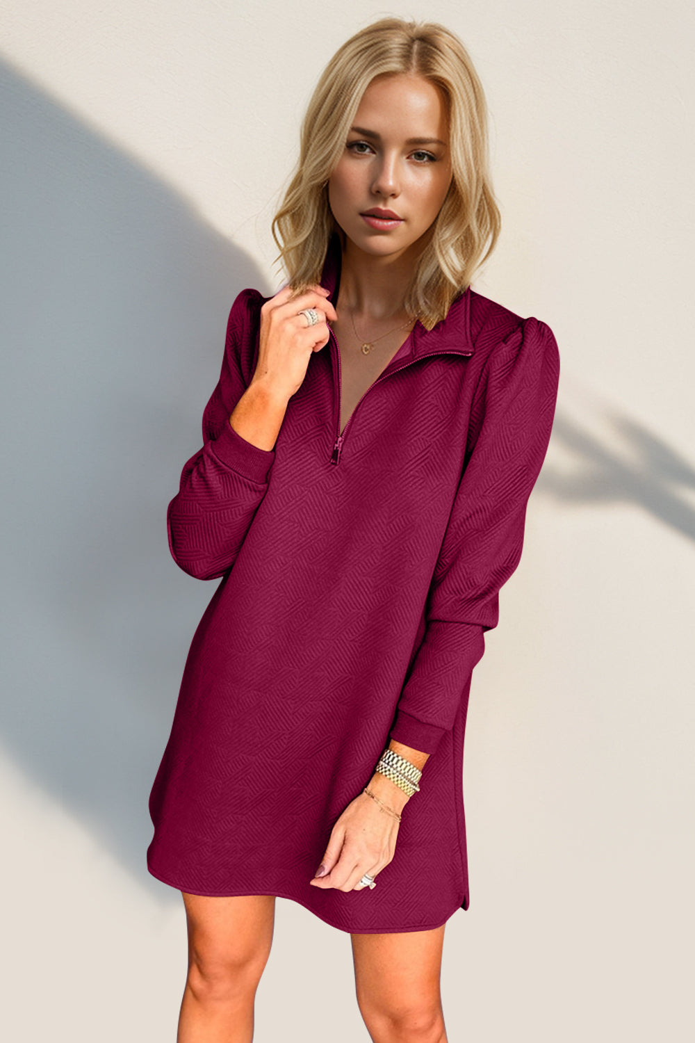 Double Take Textured Quarter Zip Long Sleeve Dress - Classique Collection