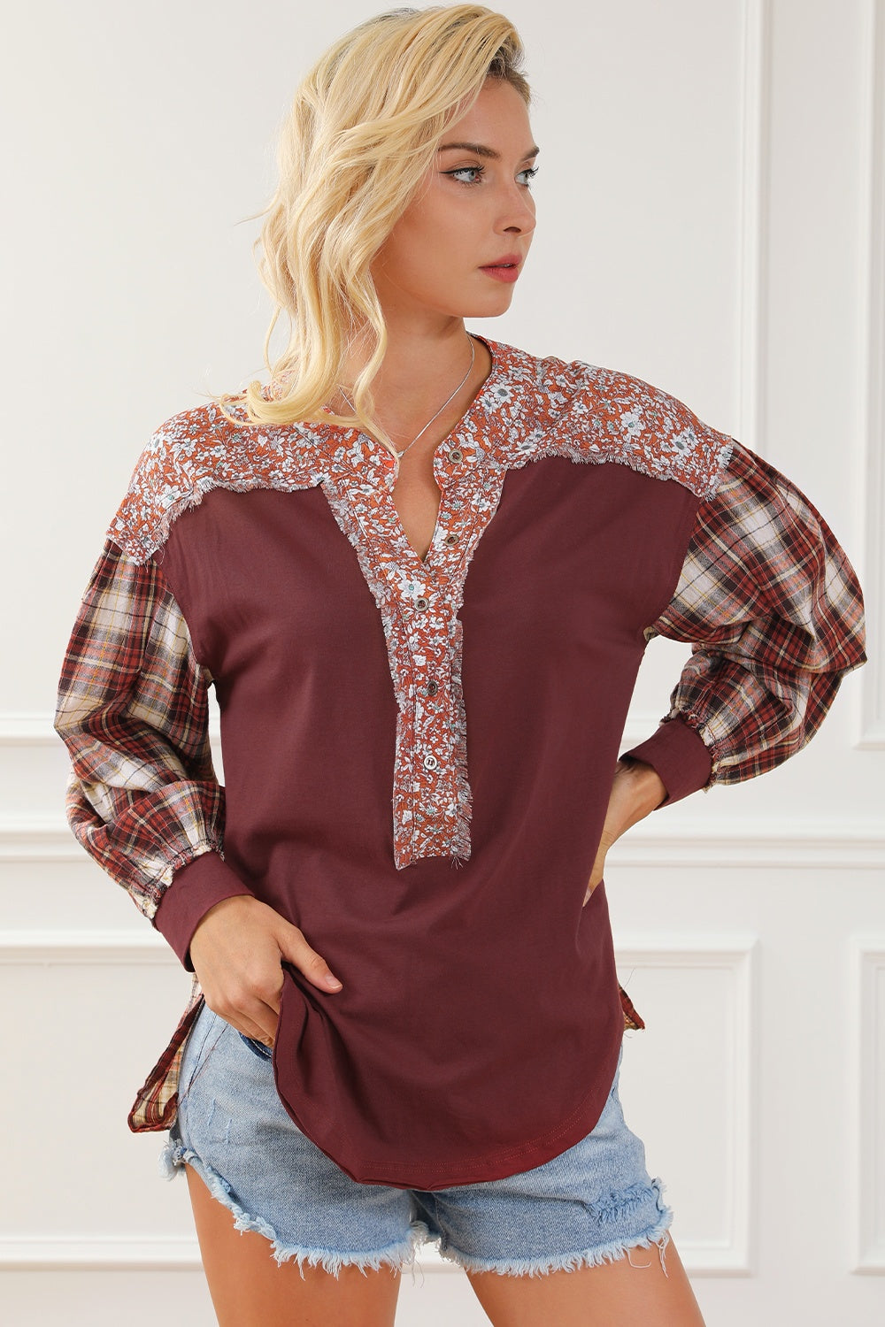 Plaid Notched Neck Slit Blouse - Classique Collection