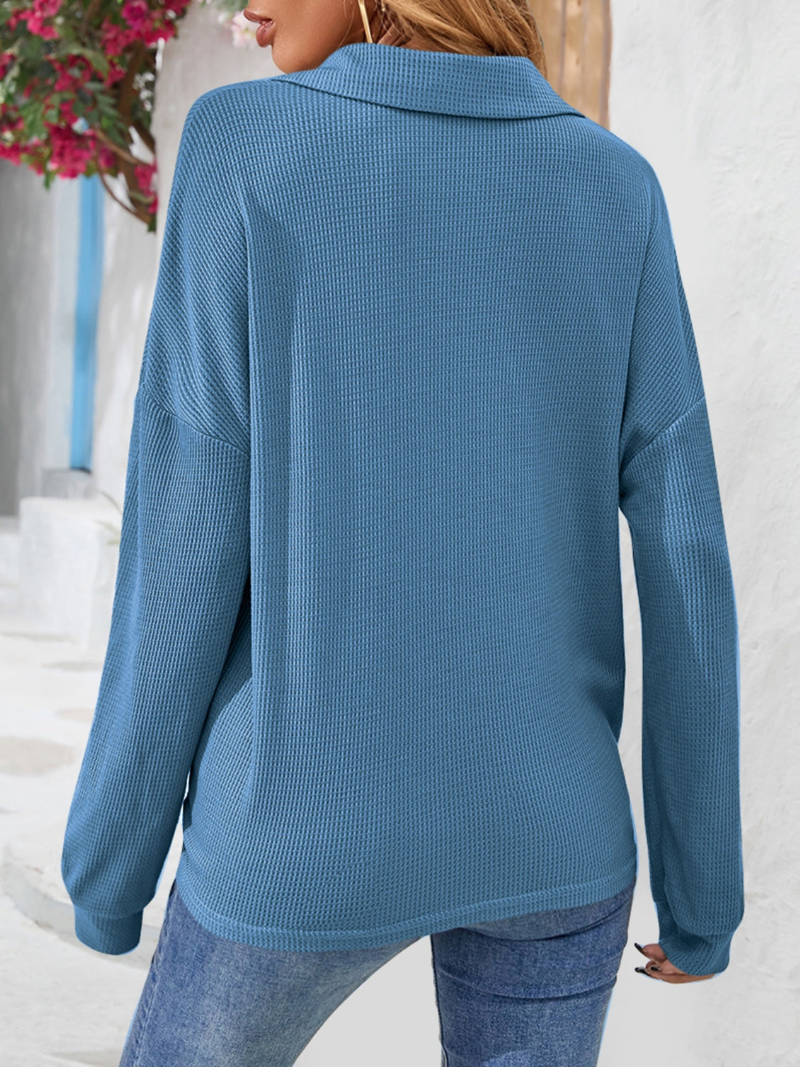Half Button Collared Neck Long Sleeve Top - Classique Collection