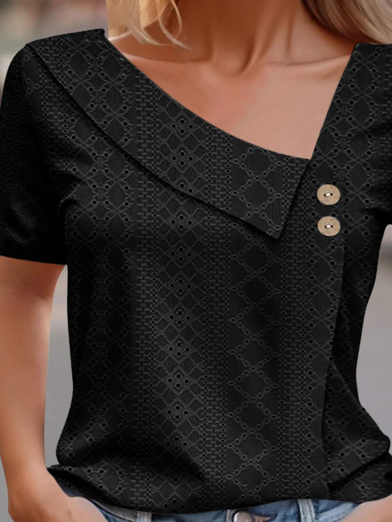 Eyelet Asymmetrical Short Sleeve T-Shirt