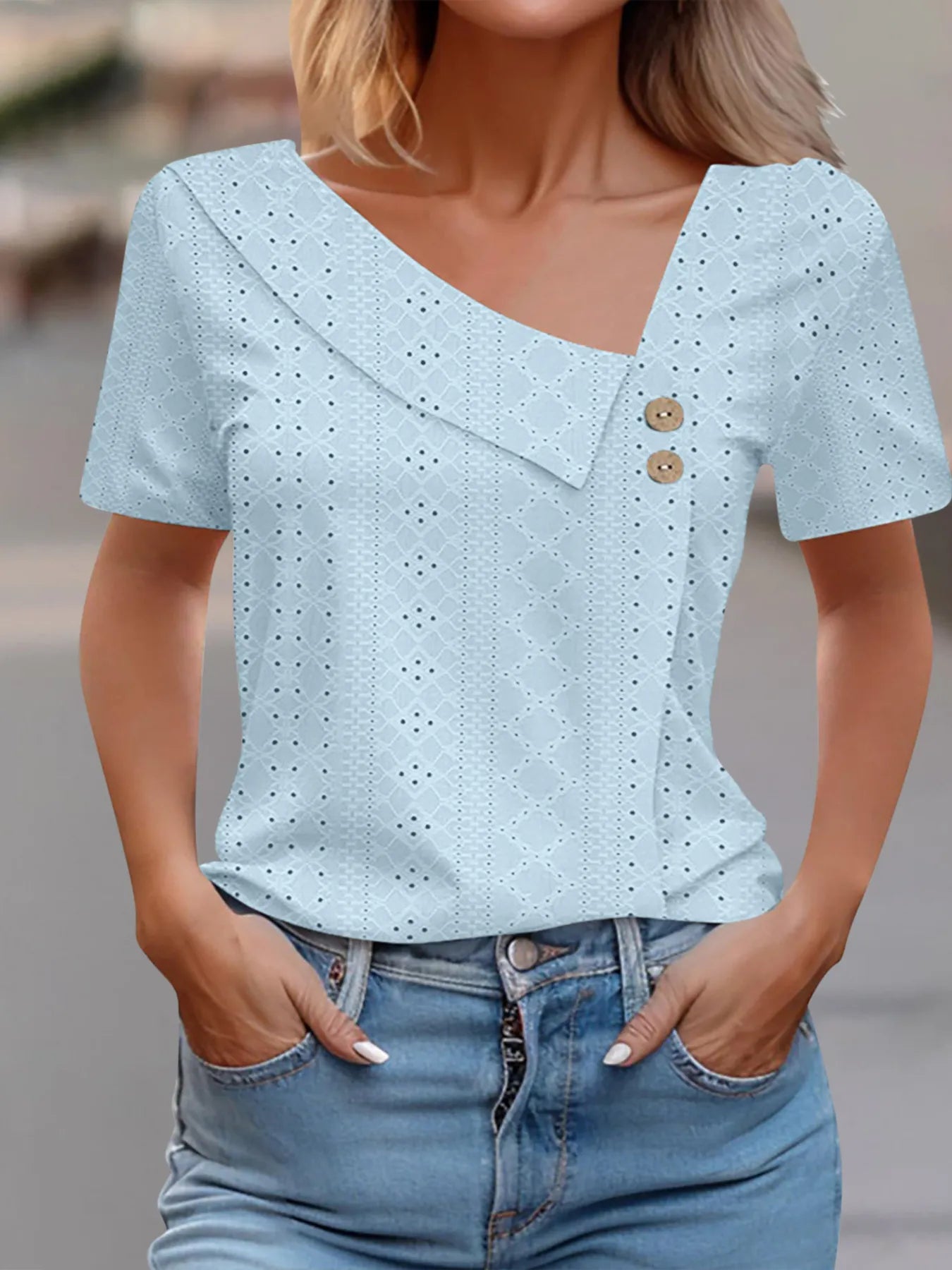 Eyelet Asymmetrical Short Sleeve T-Shirt