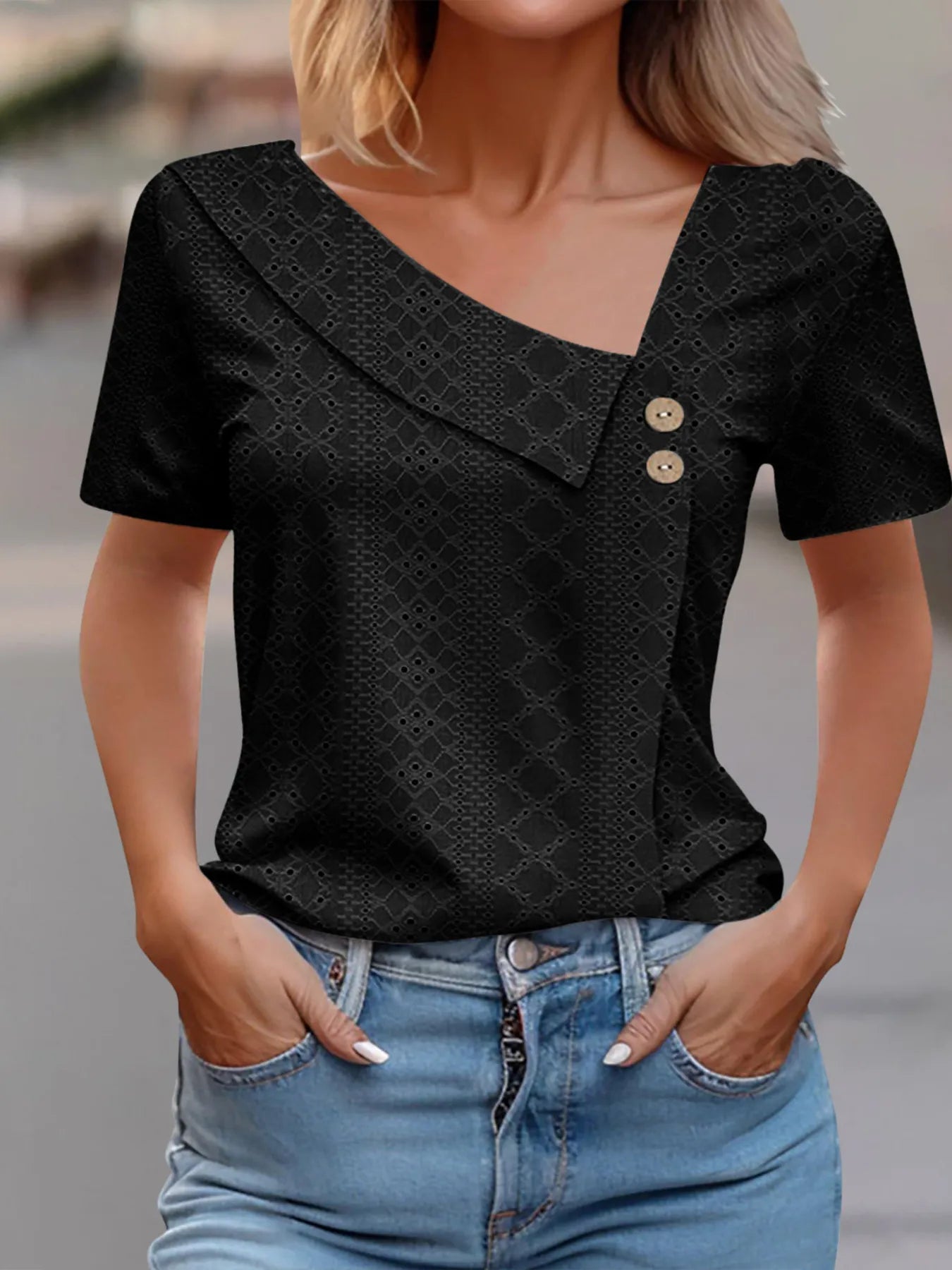 Eyelet Asymmetrical Short Sleeve T-Shirt