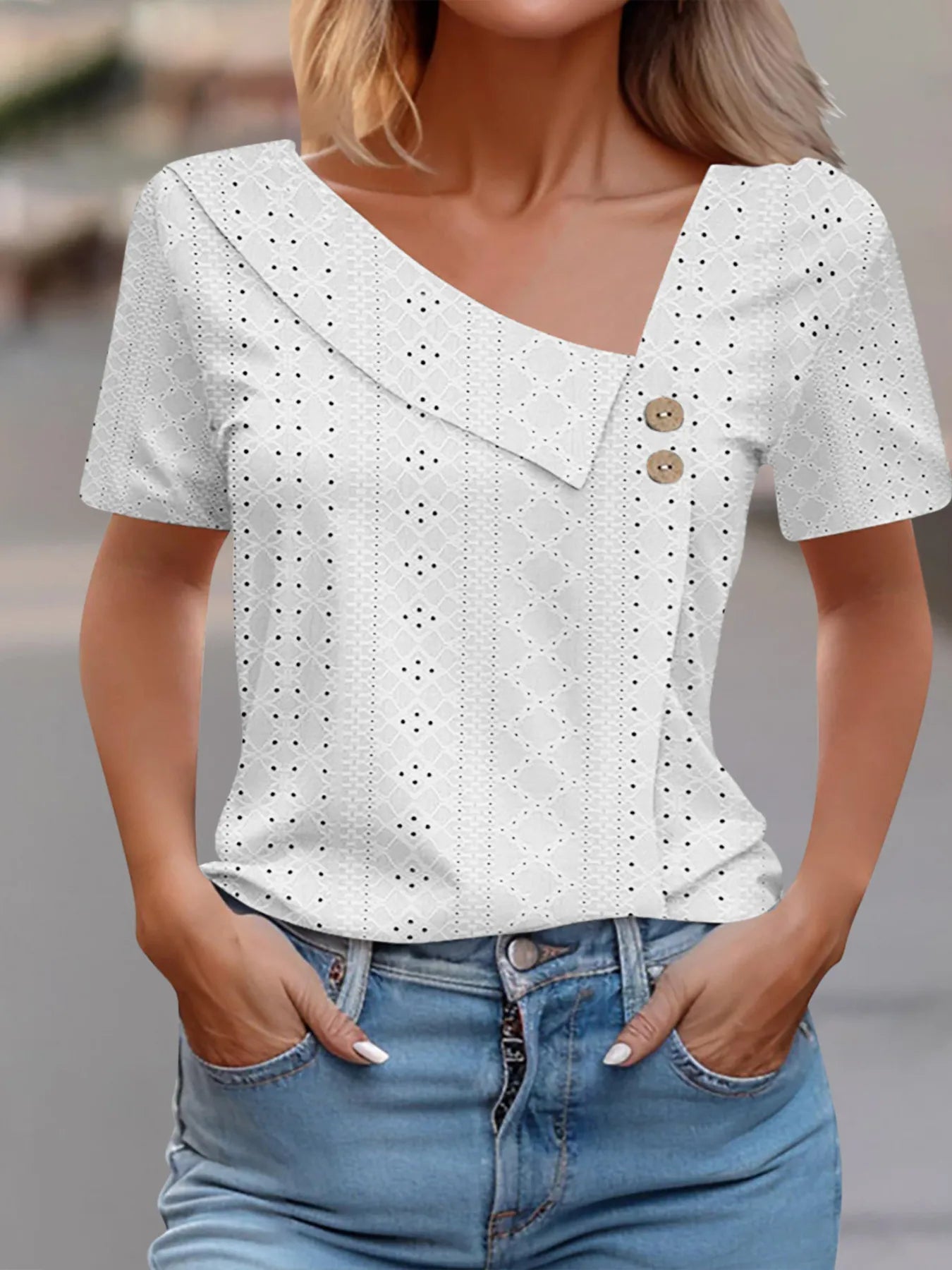 Eyelet Asymmetrical Short Sleeve T-Shirt