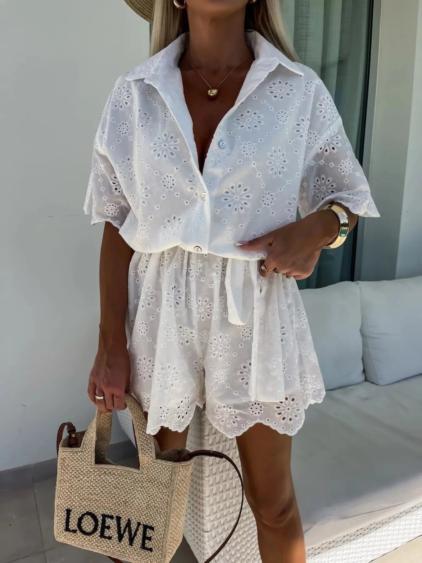 Eyelet Lace Button - Up Romper