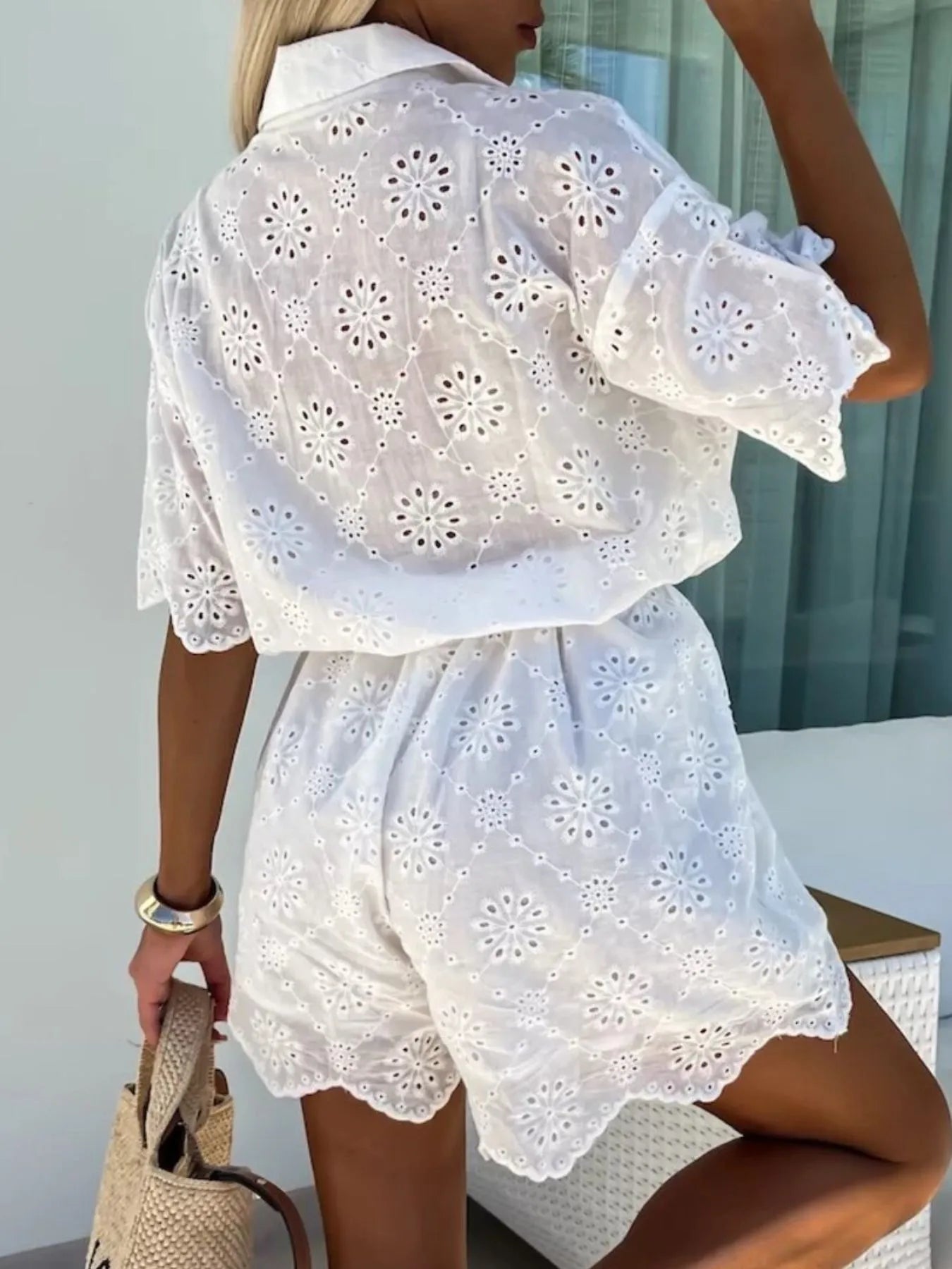 Eyelet Lace Button - Up Romper