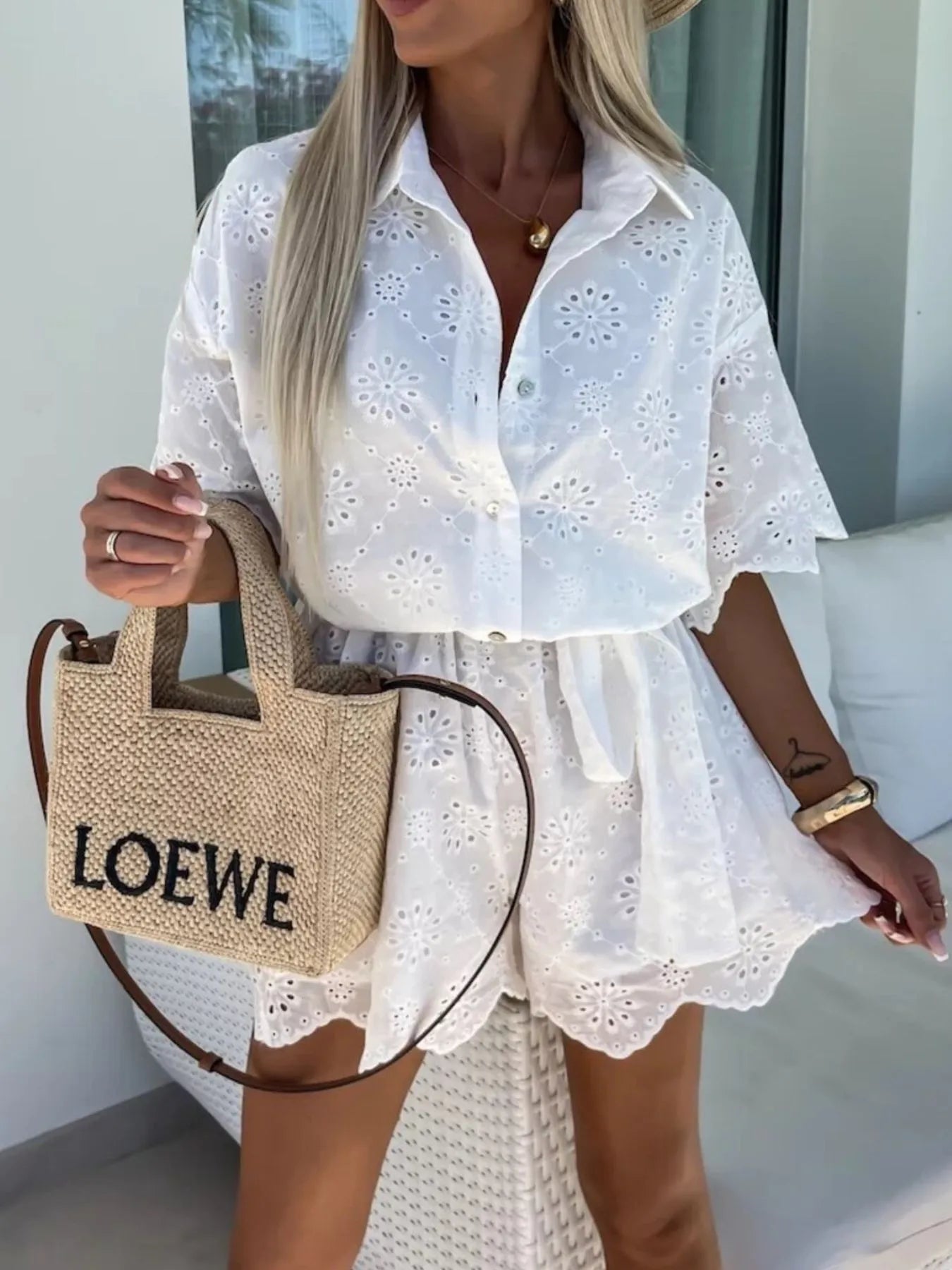 Eyelet Lace Button - Up Romper