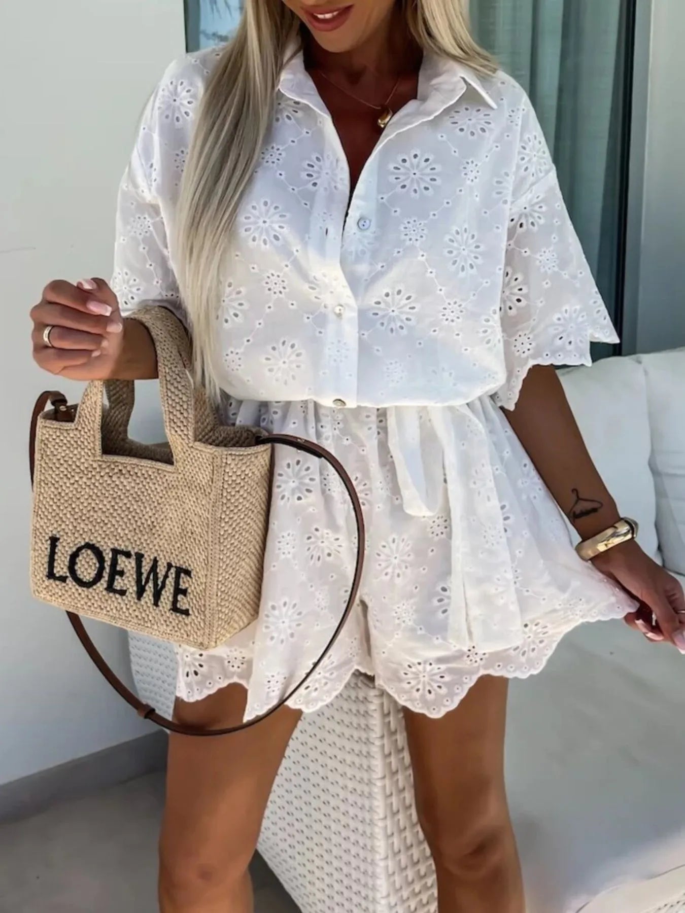 Eyelet Lace Button - Up Romper