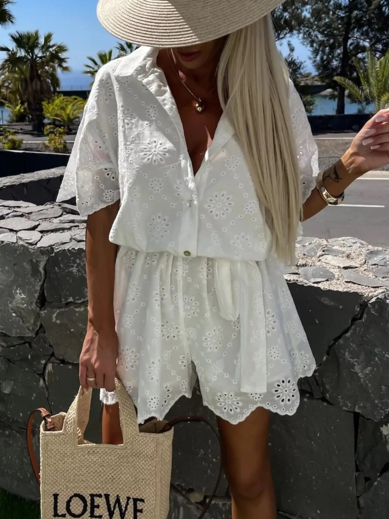 Eyelet Lace Button - Up Romper