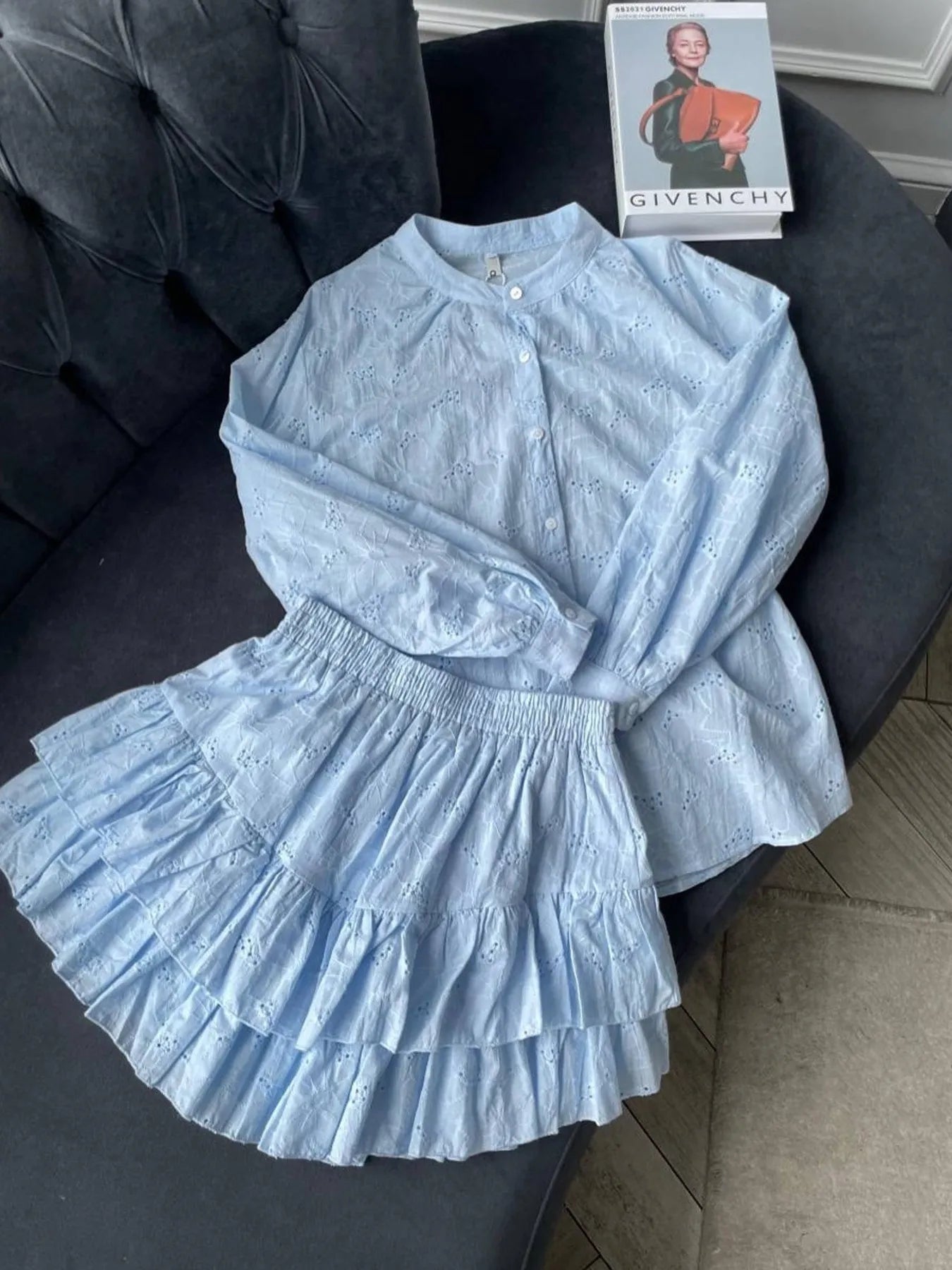 Eyelet Long Sleeve Shirt and Skirt Two - Piece Set