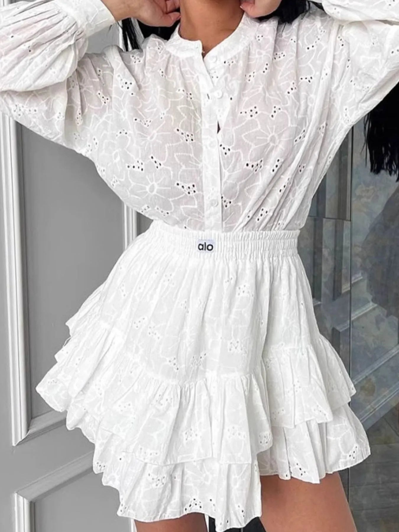 Eyelet Long Sleeve Shirt and Skirt Two - Piece Set