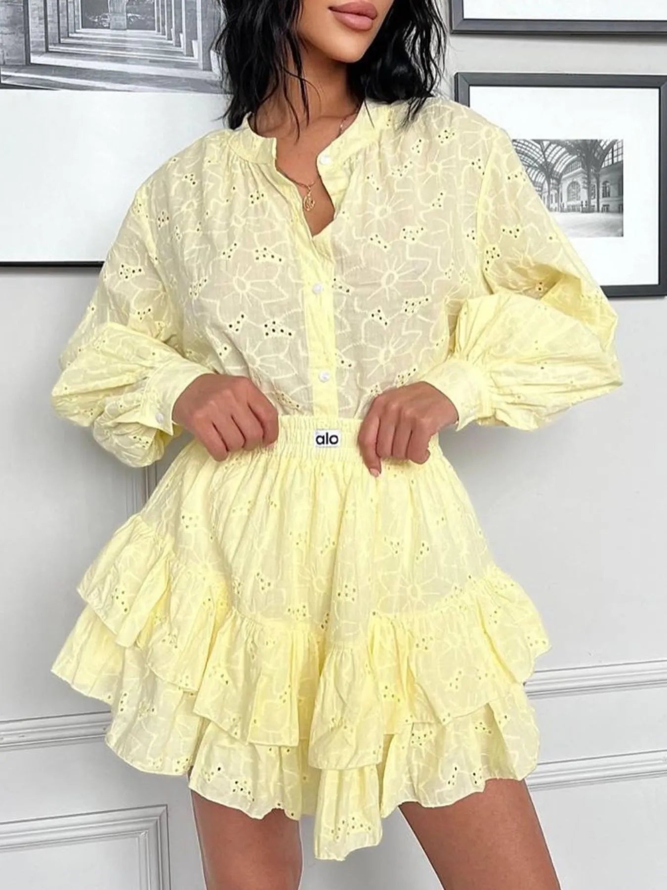 Eyelet Long Sleeve Shirt and Skirt Two - Piece Set