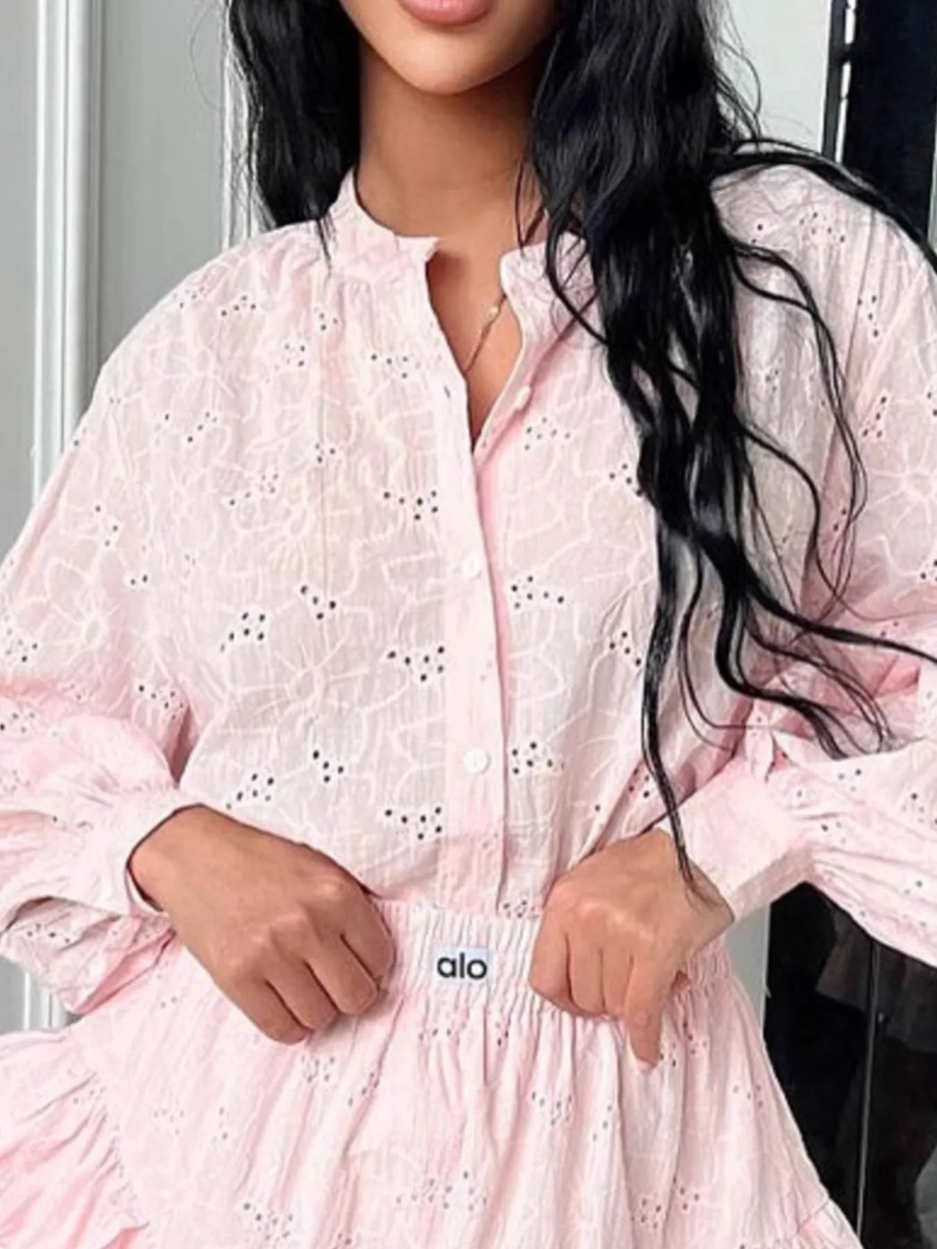 Eyelet Long Sleeve Shirt and Skirt Two - Piece Set