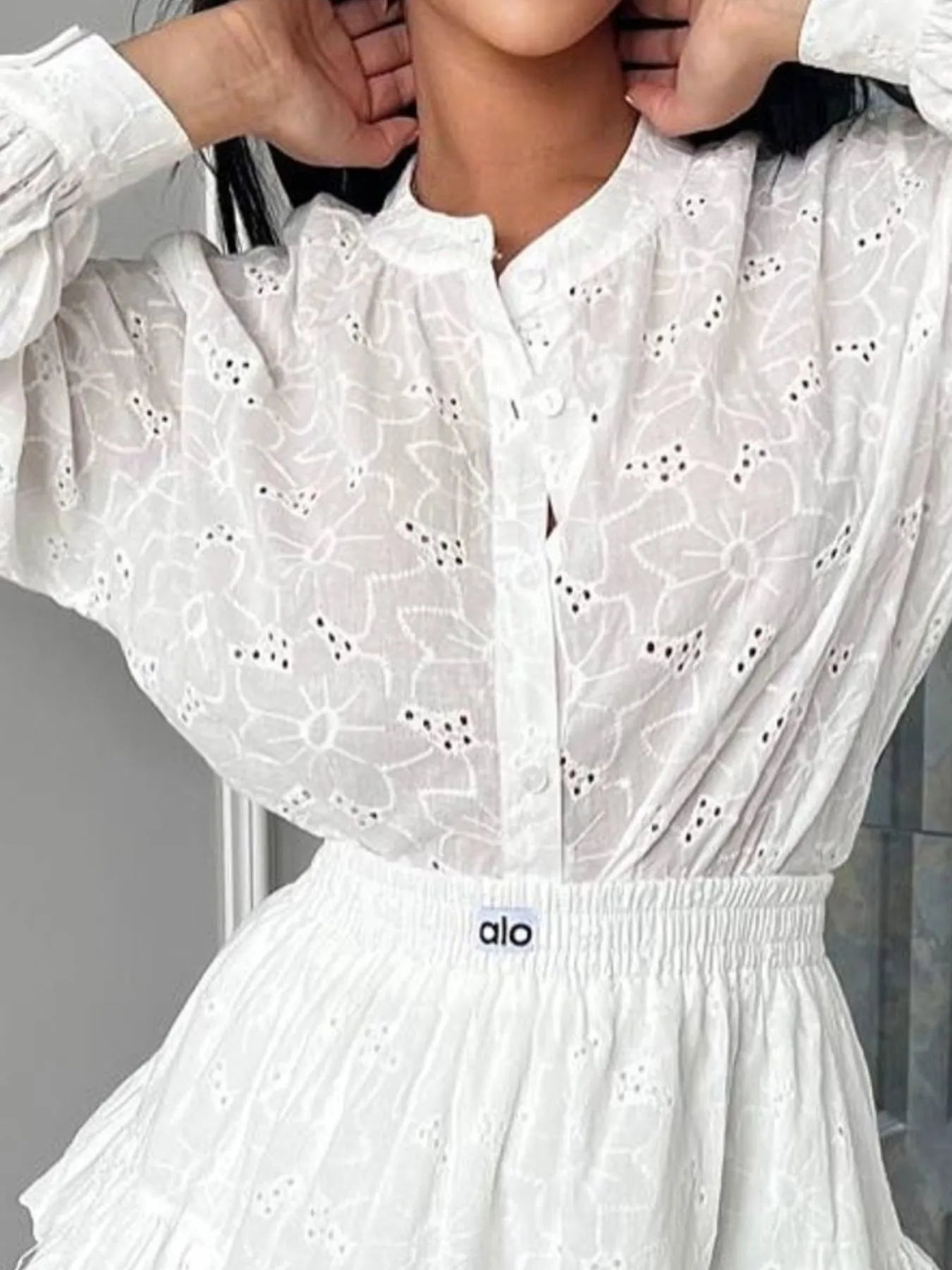 Eyelet Long Sleeve Shirt and Skirt Two - Piece Set